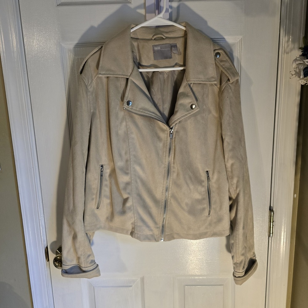 ASOS Beige Cream Faux Suede-Look Moto Biker Jacket Womens Size 16 NWOT